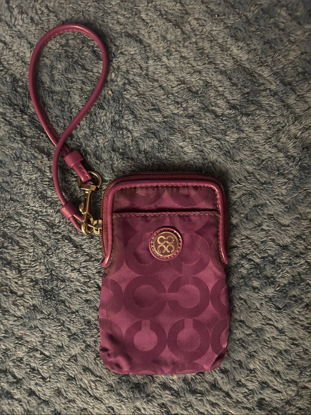Coach Plum Logo-Print Wristlet Pouch with Gold Accent